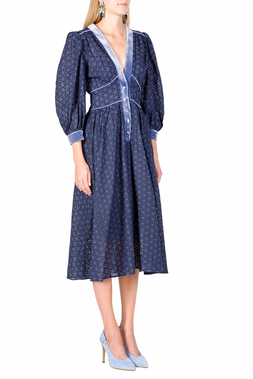 Eyelet Lace Balloon Sleeve Midi Dress