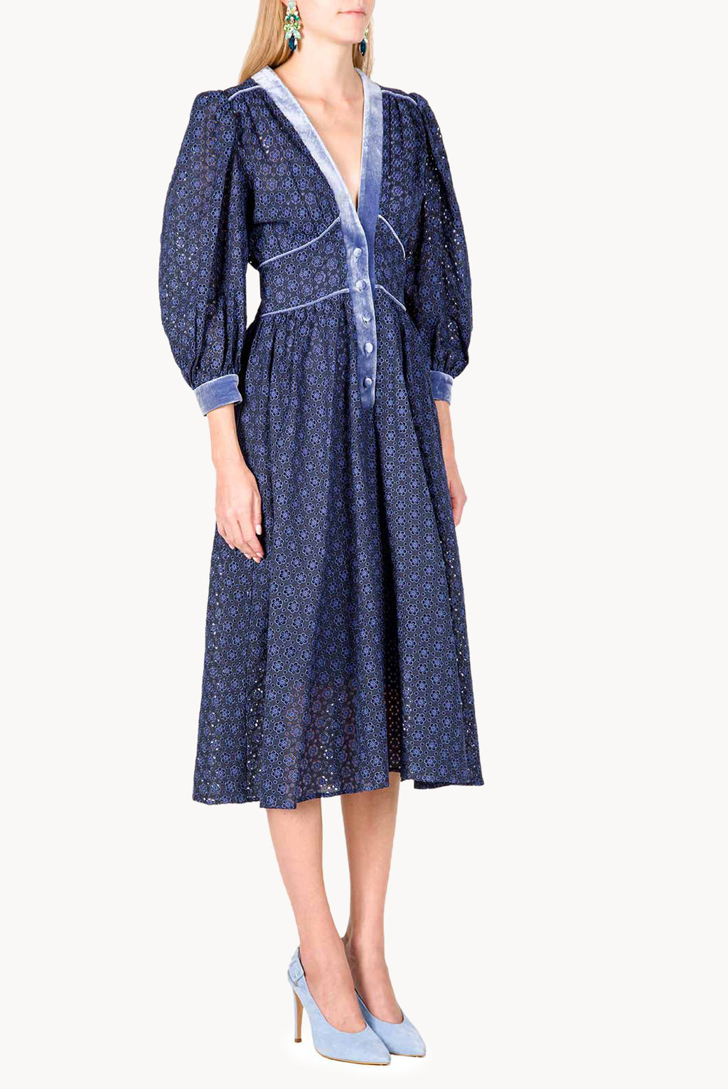 Eyelet Lace Balloon Sleeve Midi Dress
