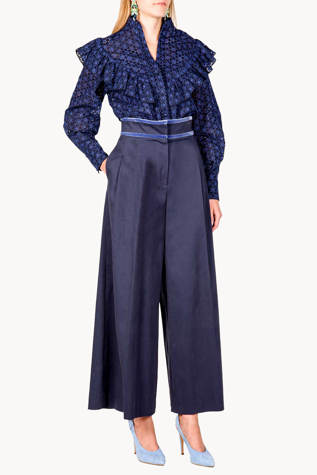 Pantaloni a Gamba Larga in Popeline di Cotone a Vita Alta