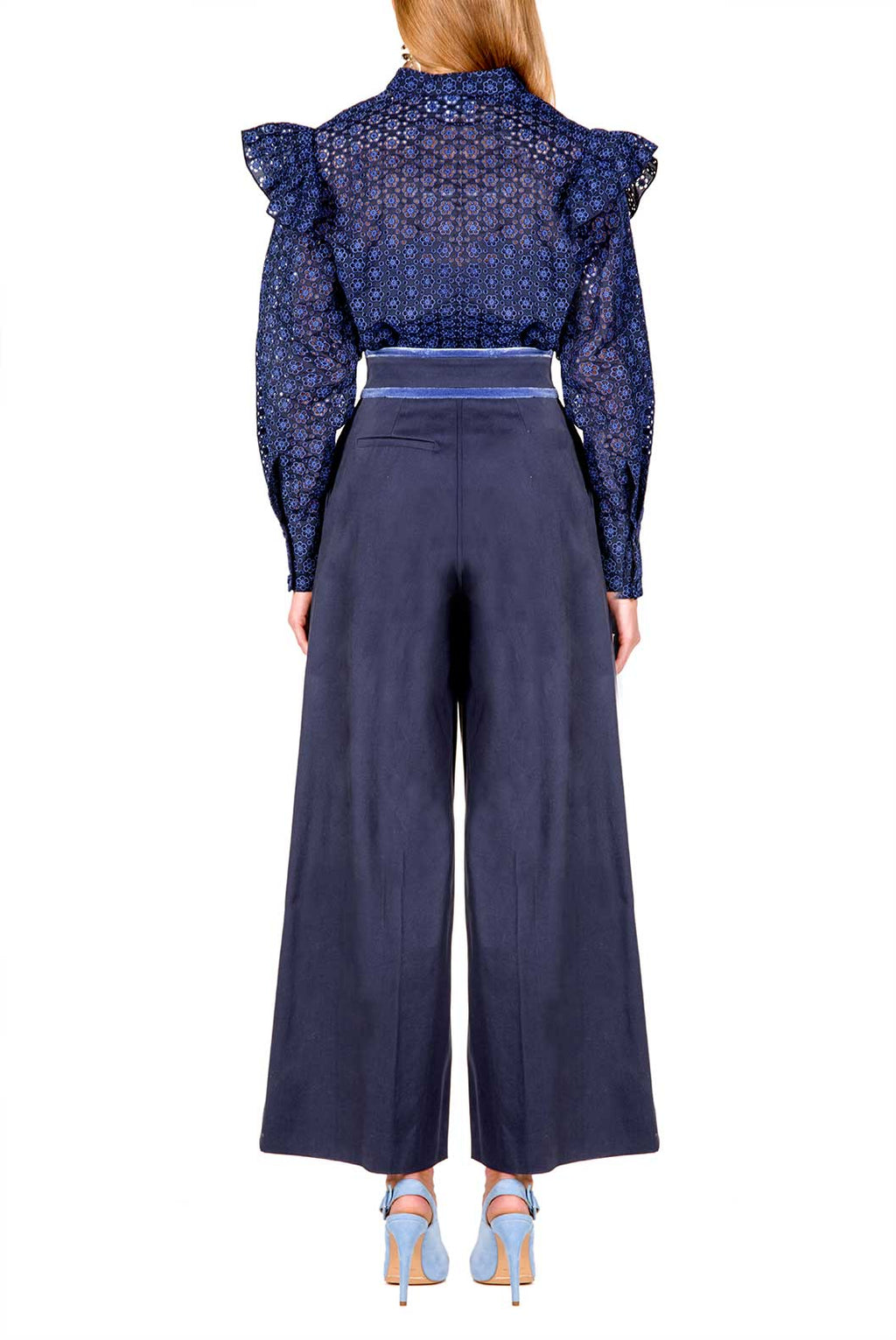 Pantaloni a Gamba Larga in Popeline di Cotone a Vita Alta