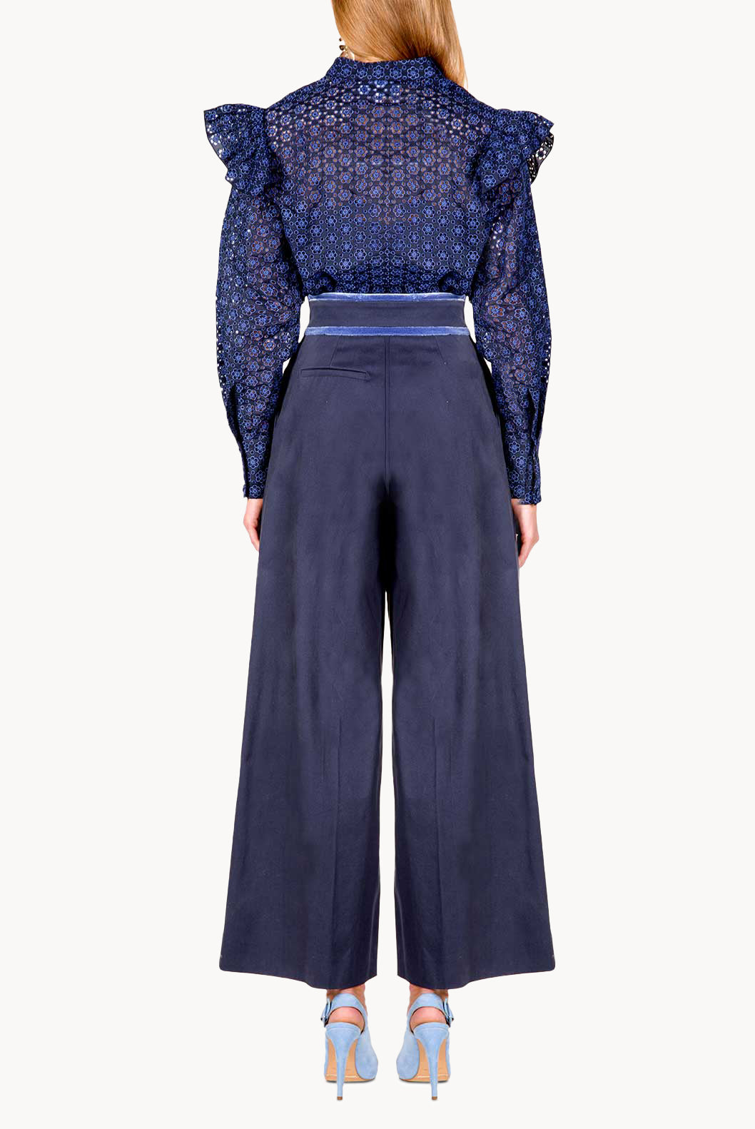 Pantaloni a Gamba Larga in Popeline di Cotone a Vita Alta