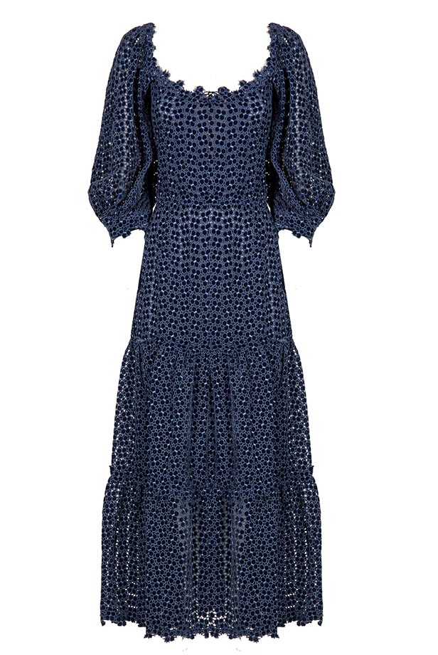 Floral Embroidered Puff Sleeve Midi Dress