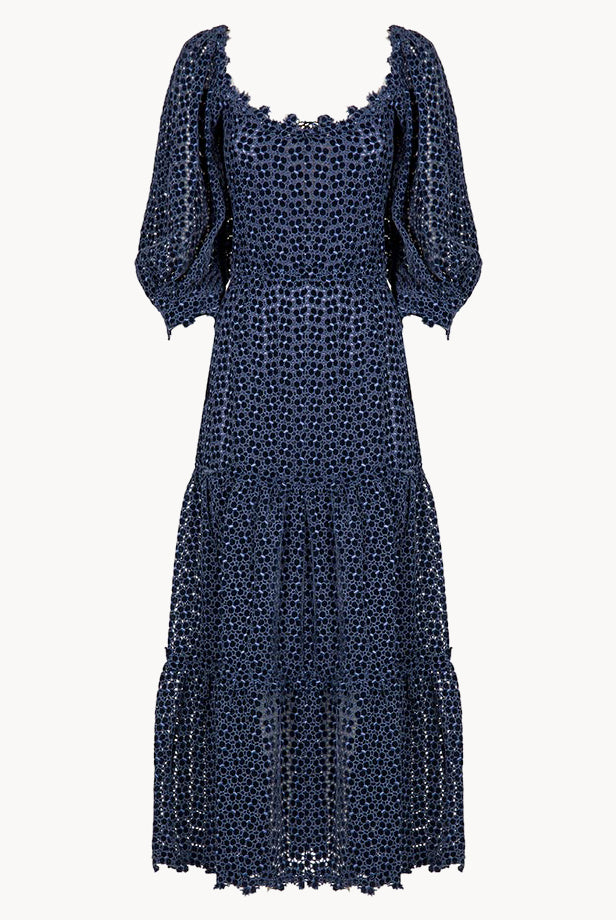 Floral Embroidered Puff Sleeve Midi Dress