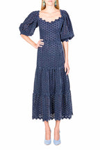 Floral Embroidered Puff Sleeve Midi Dress