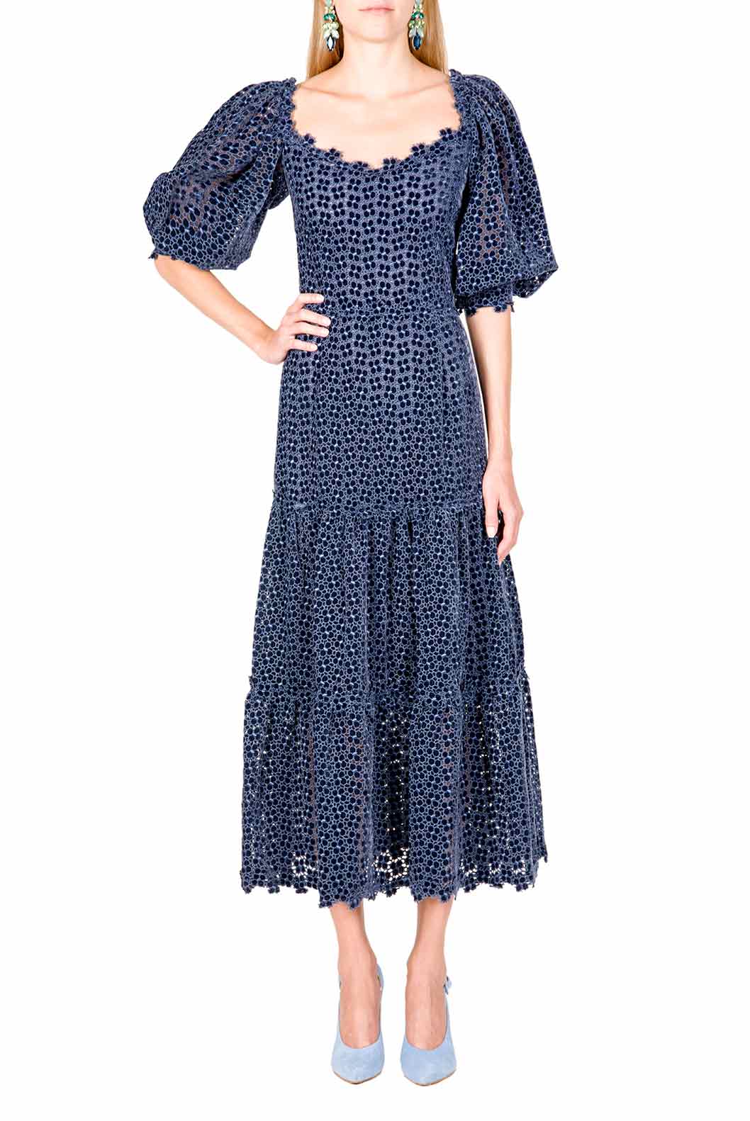 Floral Embroidered Puff Sleeve Midi Dress