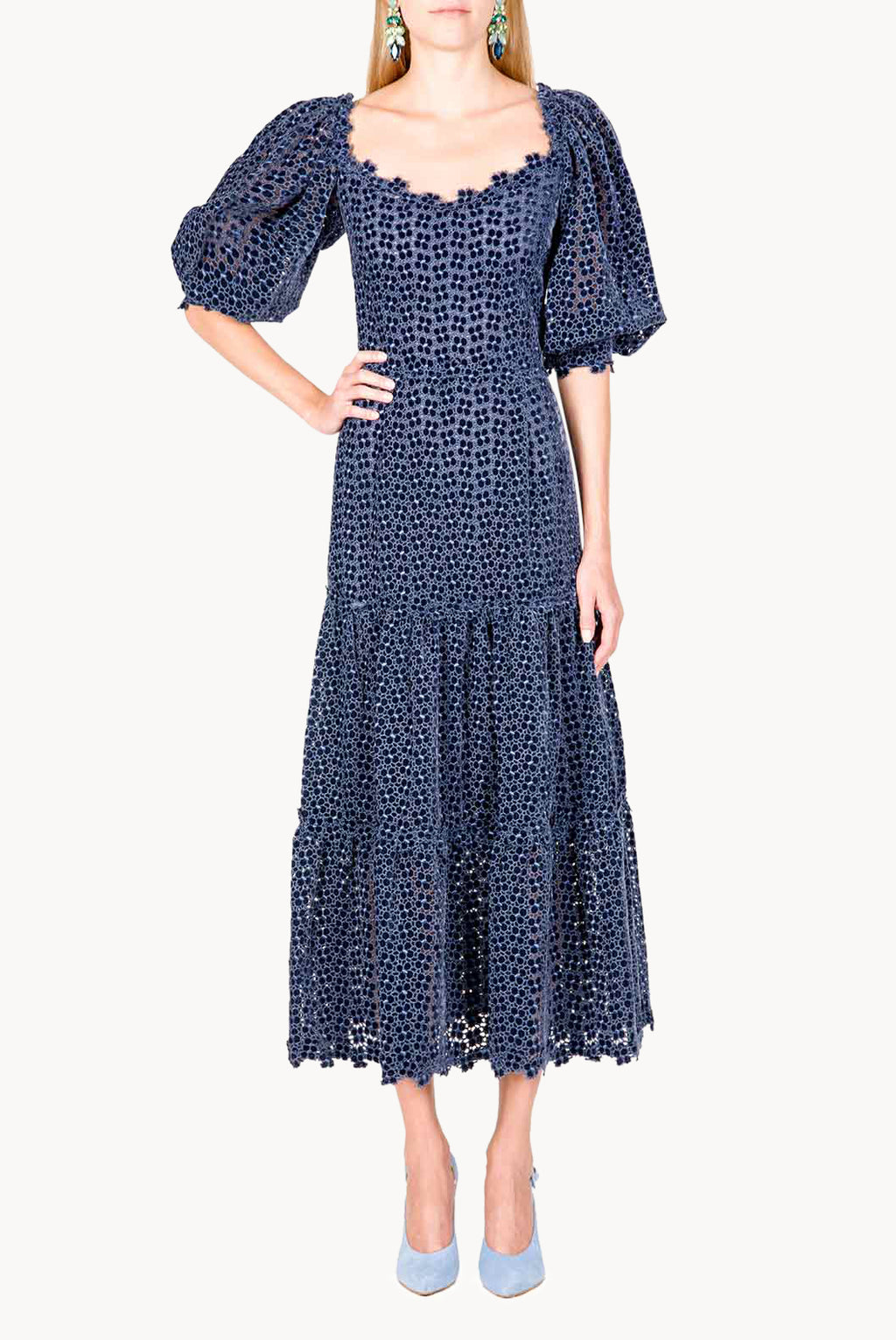 Floral Embroidered Puff Sleeve Midi Dress