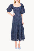 Floral Embroidered Puff Sleeve Midi Dress