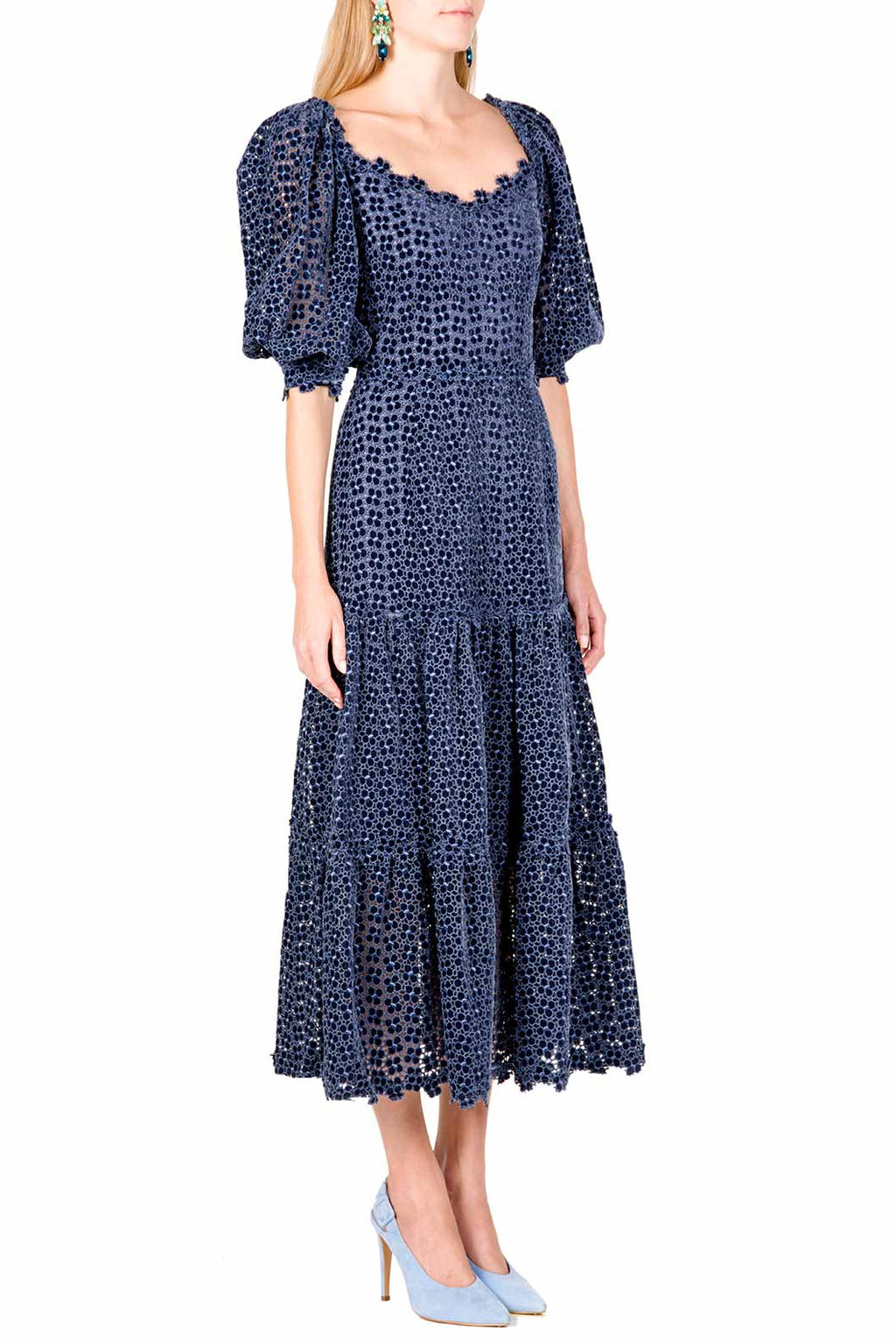 Floral Embroidered Puff Sleeve Midi Dress