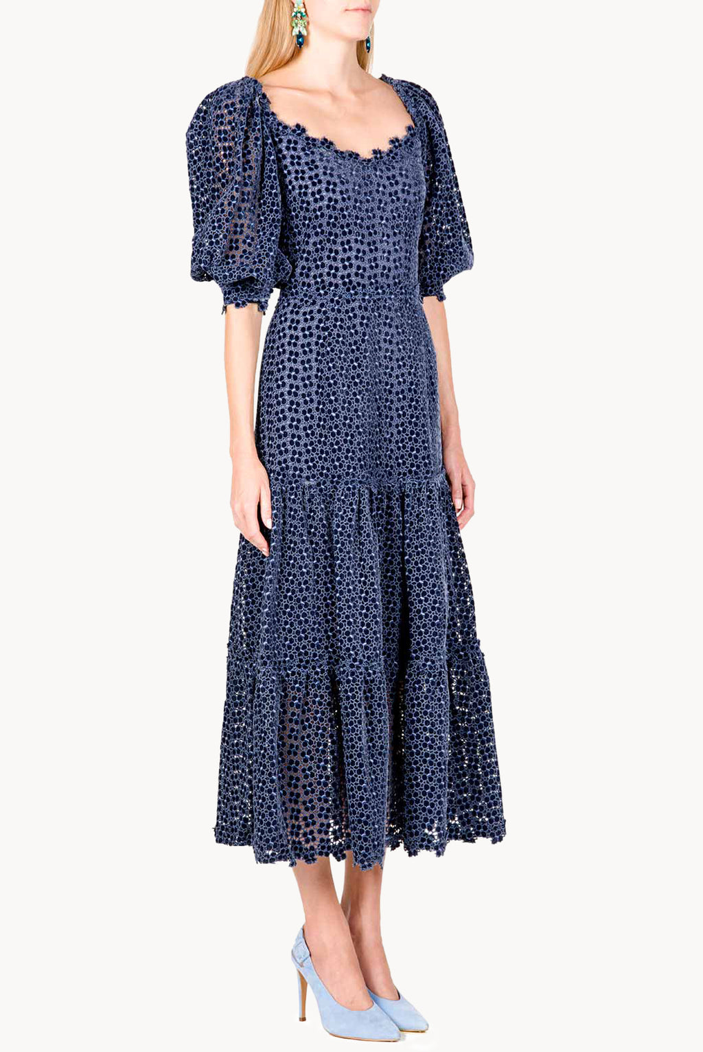 Floral Embroidered Puff Sleeve Midi Dress