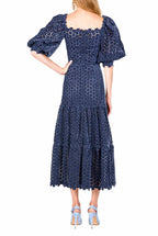Floral Embroidered Puff Sleeve Midi Dress