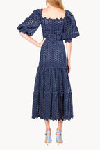 Floral Embroidered Puff Sleeve Midi Dress