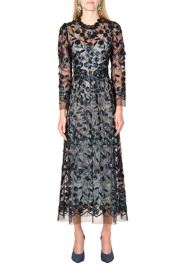 Vestito Midi in Tulle Ricamato con Paillettes