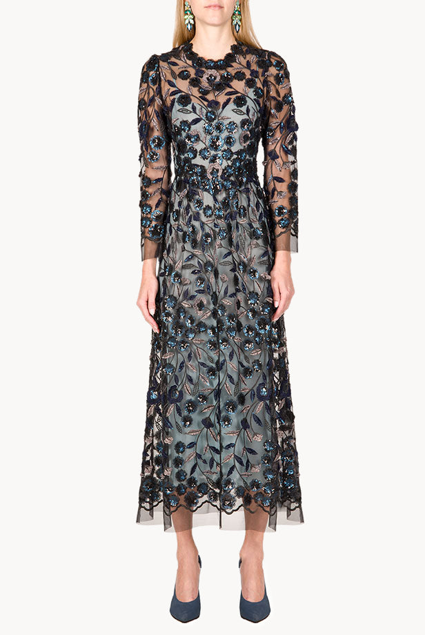 Sequin Embroidered Tulle Midi Dress