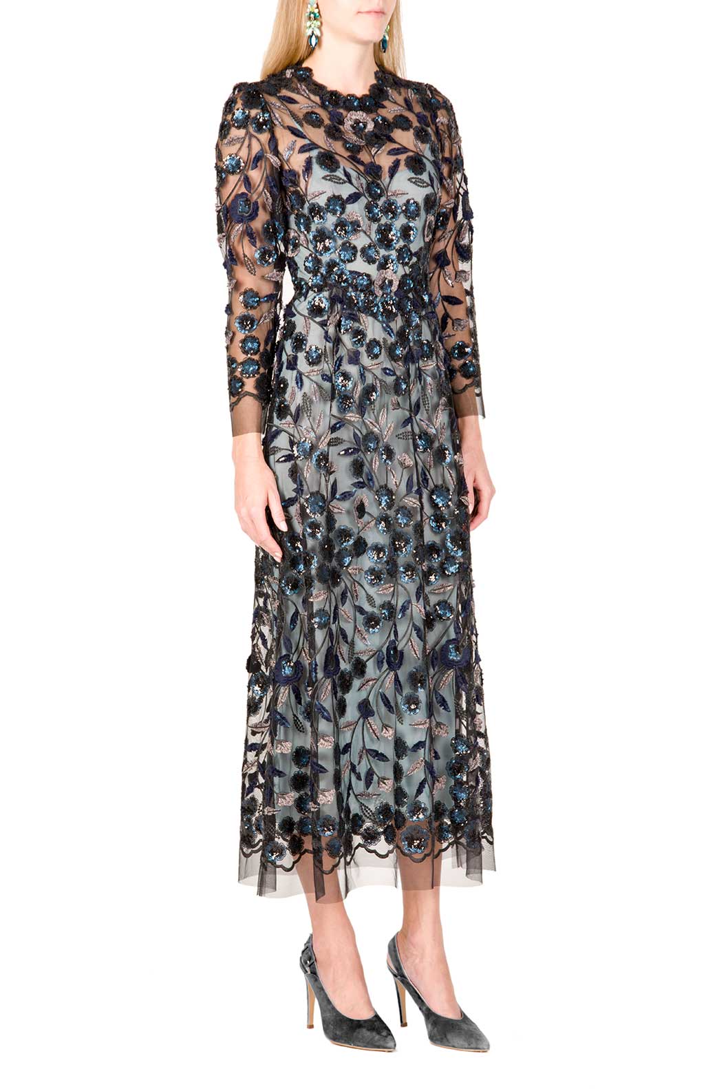 Vestito Midi in Tulle Ricamato con Paillettes