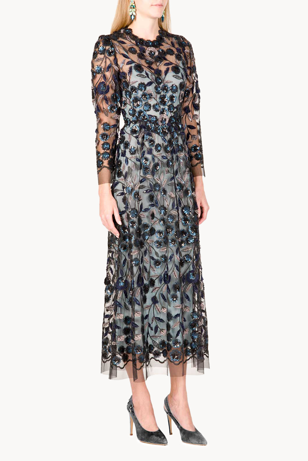 Sequin Embroidered Tulle Midi Dress