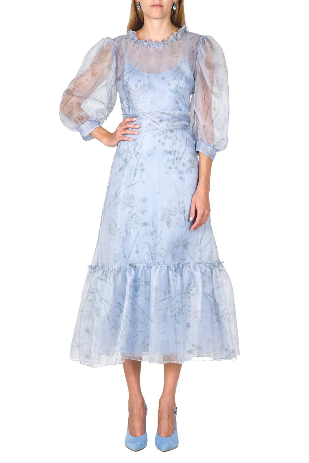 Vestito midi con maniche a palloncino trasparenti