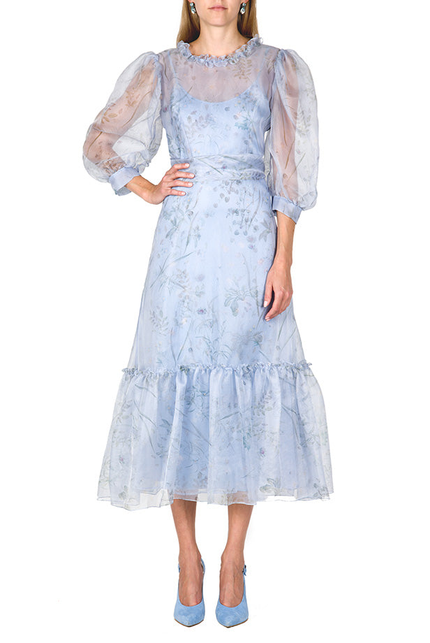 Vestito midi con maniche a palloncino trasparenti
