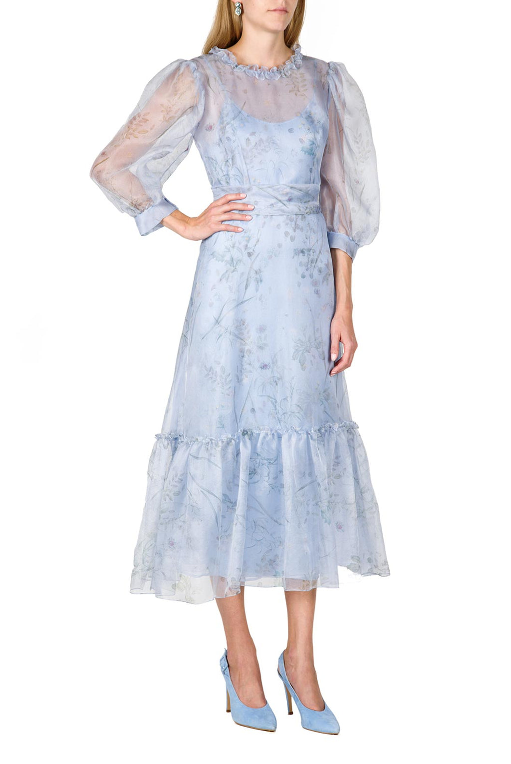 Vestito midi con maniche a palloncino trasparenti