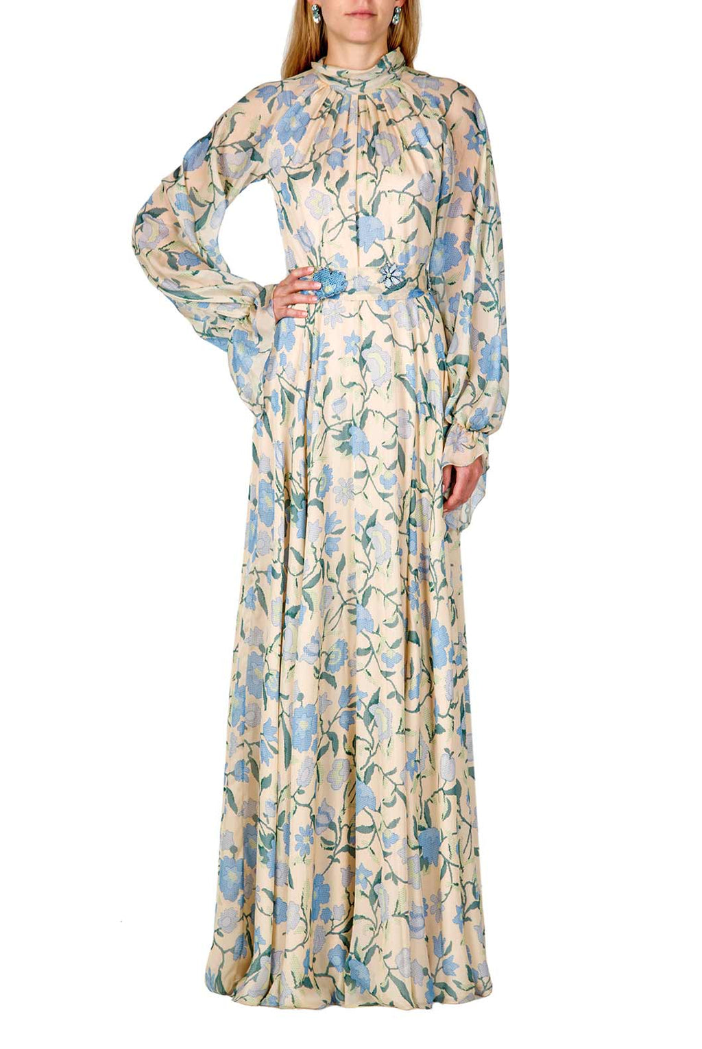 Vestito maxi in chiffon di seta con fiori selvatici