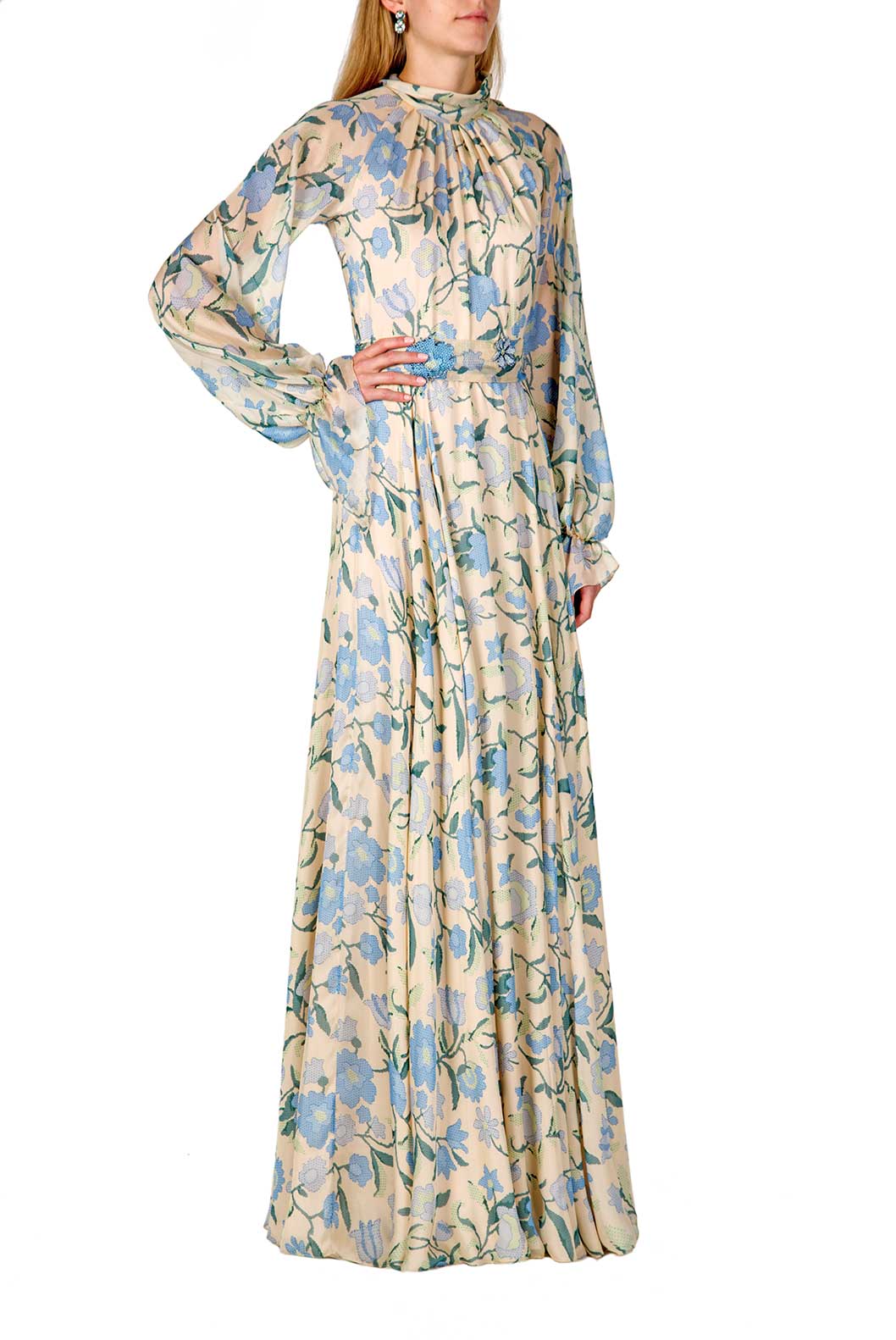 Vestito maxi in chiffon di seta con fiori selvatici