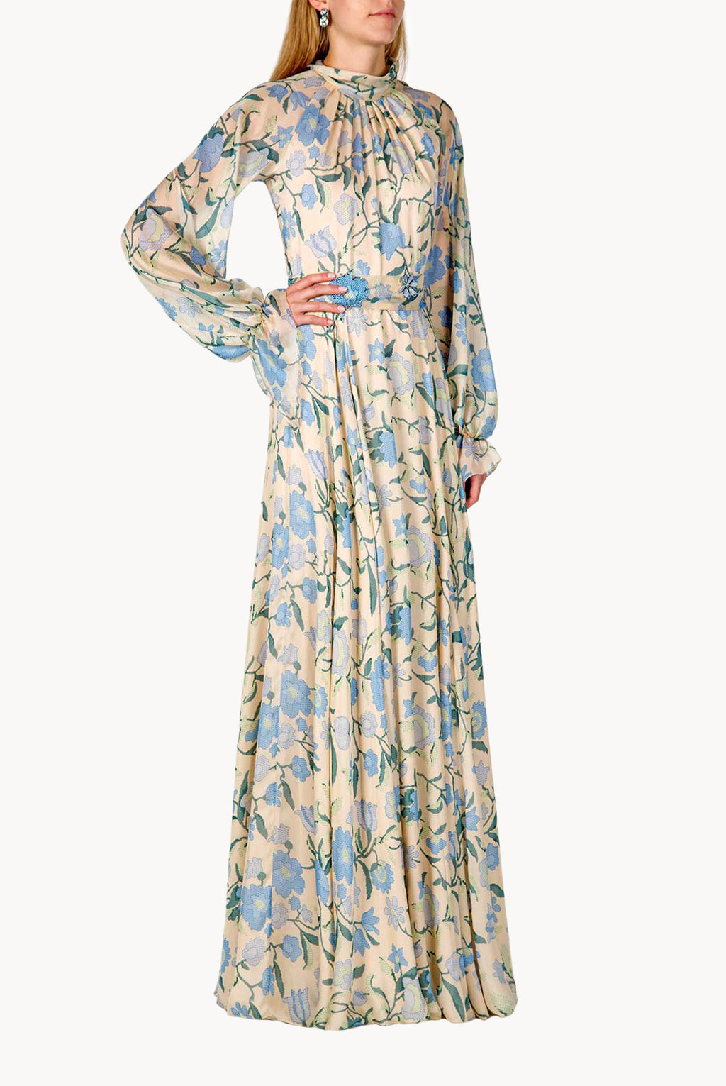 Vestito maxi in chiffon di seta con fiori selvatici
