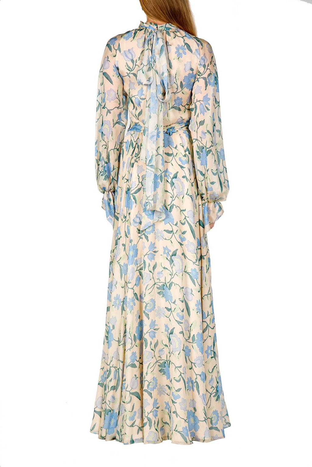 Vestito maxi in chiffon di seta con fiori selvatici