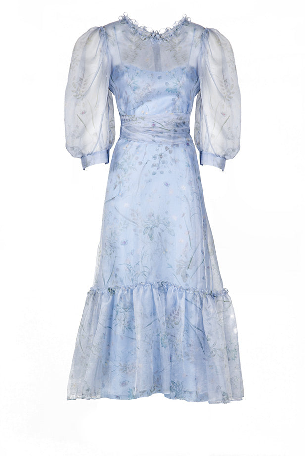 Vestito midi con maniche a palloncino trasparenti