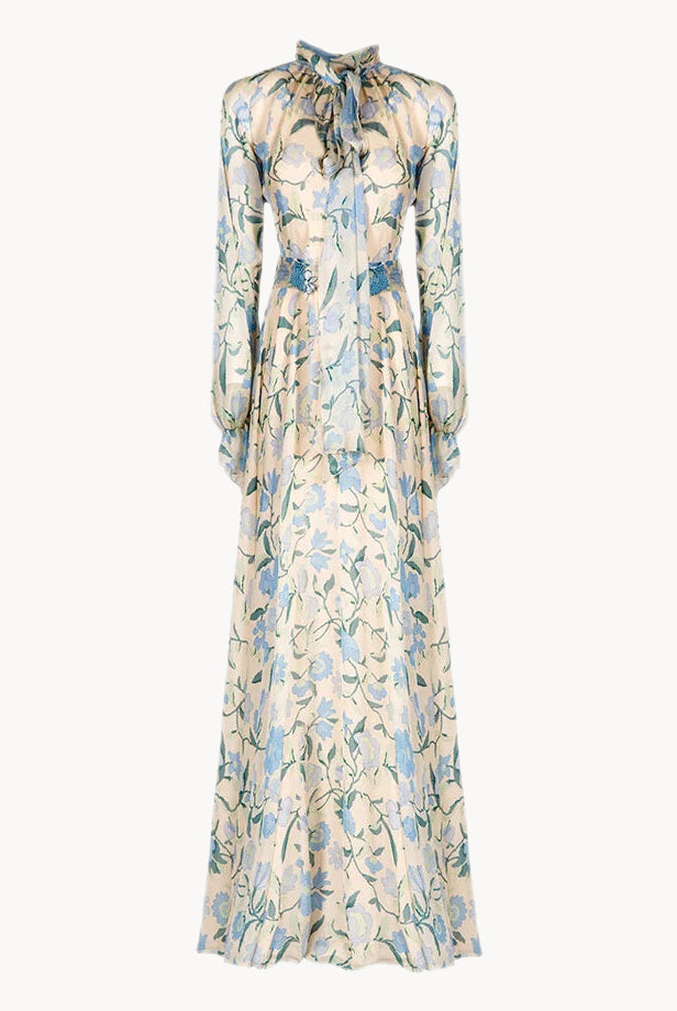 Vestito maxi in chiffon di seta con fiori selvatici