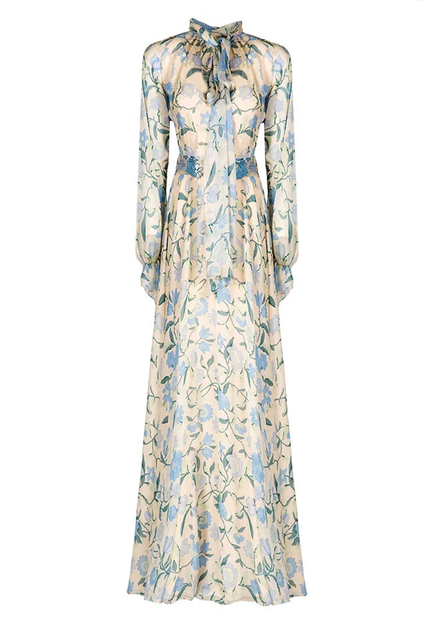 Vestito maxi in chiffon di seta con fiori selvatici