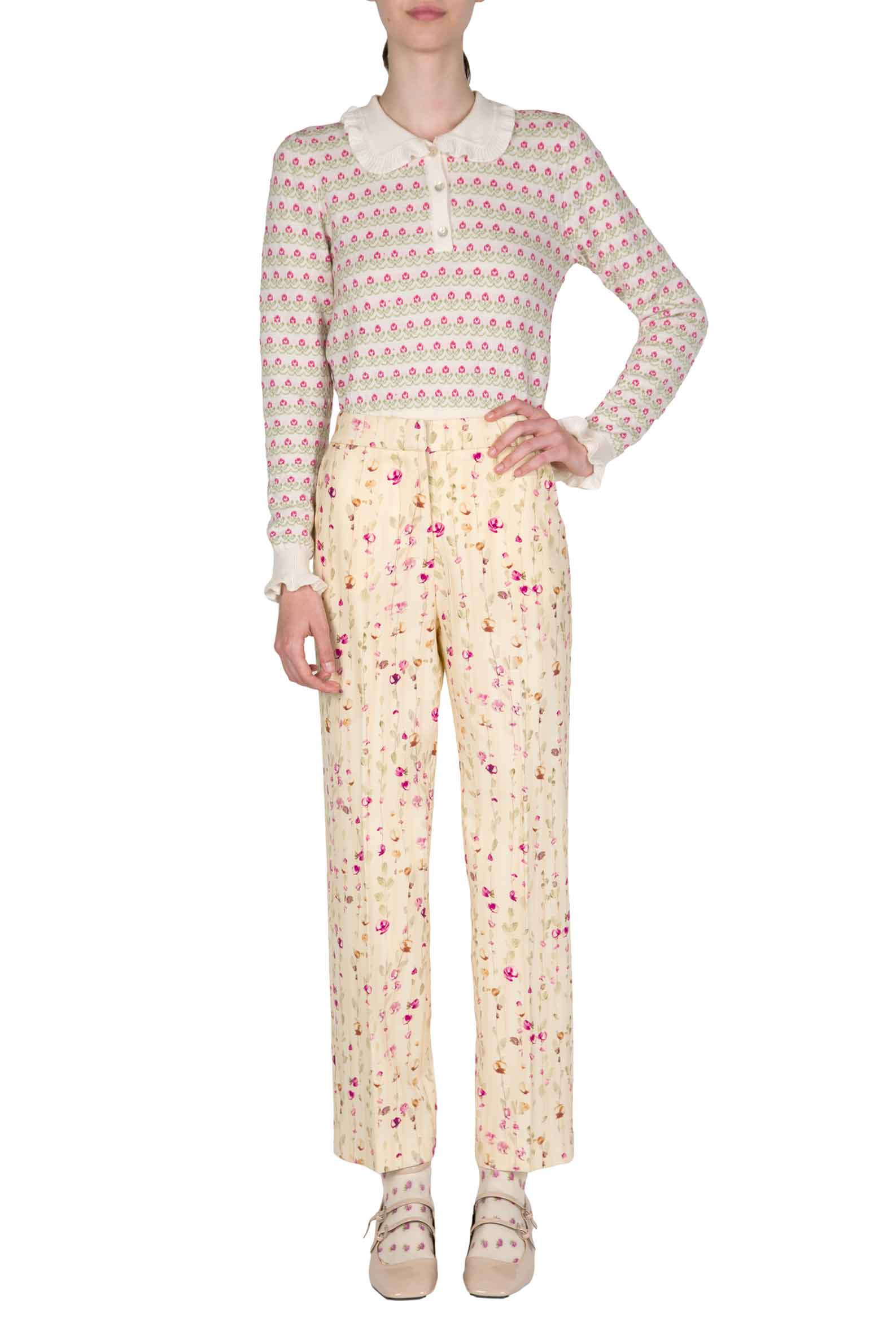 Pantaloni di lana a sigaretta con ghirlanda di fiori