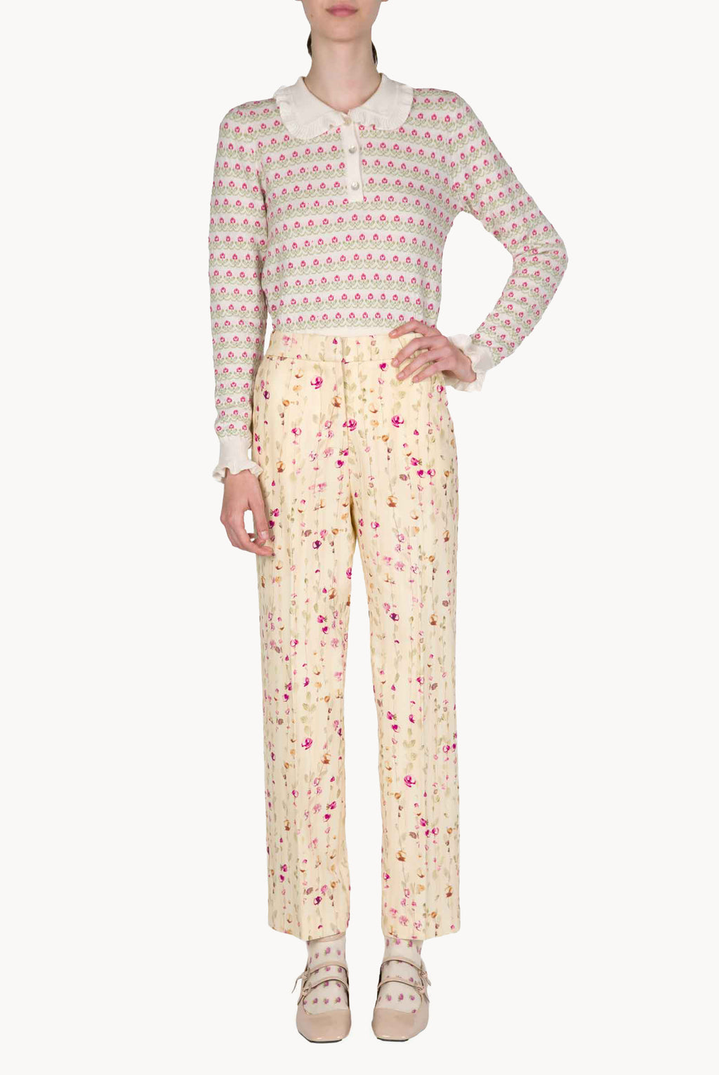Pantaloni di lana a sigaretta con ghirlanda di fiori