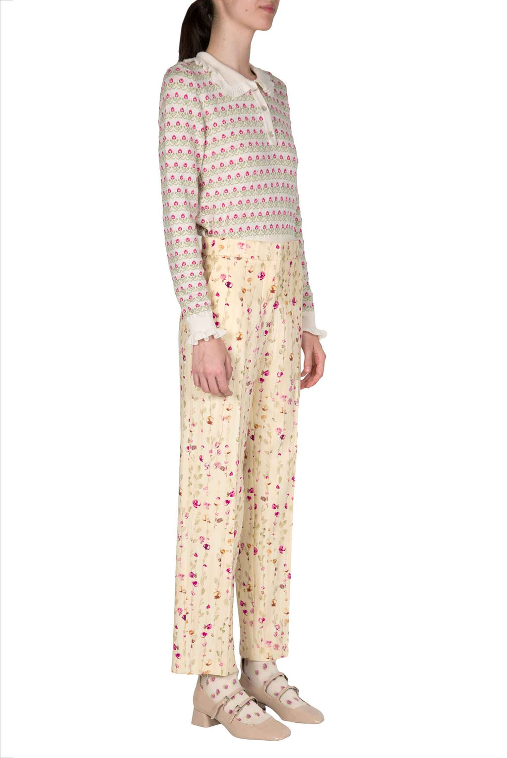Pantaloni di lana a sigaretta con ghirlanda di fiori