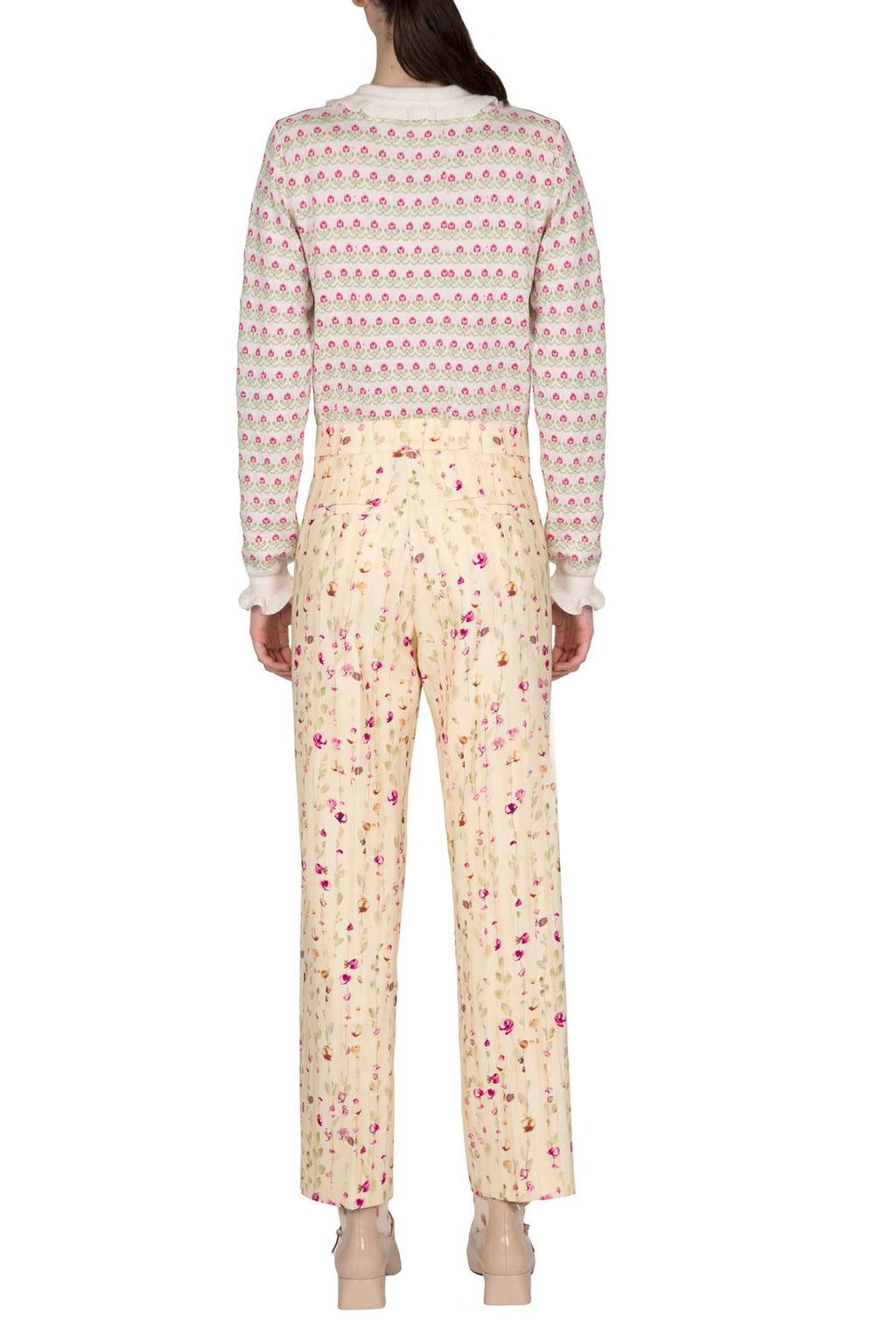 Pantaloni di lana a sigaretta con ghirlanda di fiori