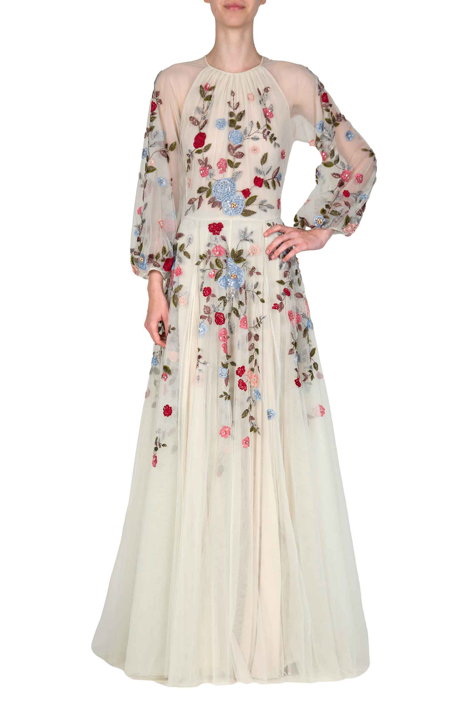 Abito maxi in tulle ricamato con fiori