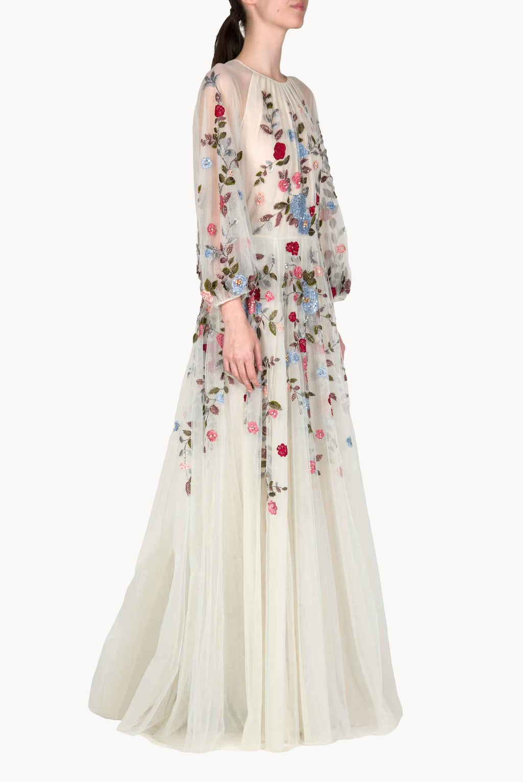 Abito maxi in tulle ricamato con fiori