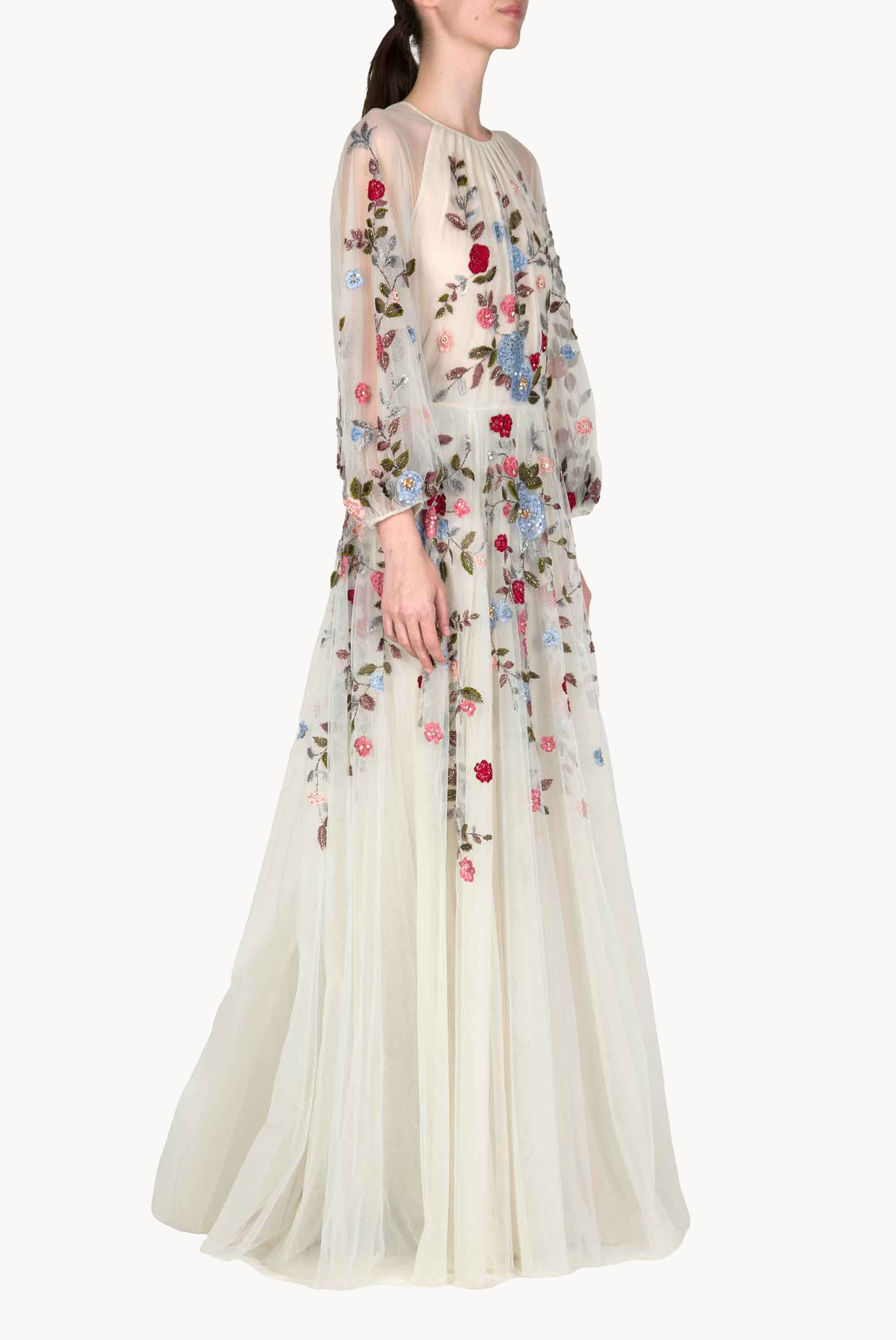 Abito maxi in tulle ricamato con fiori