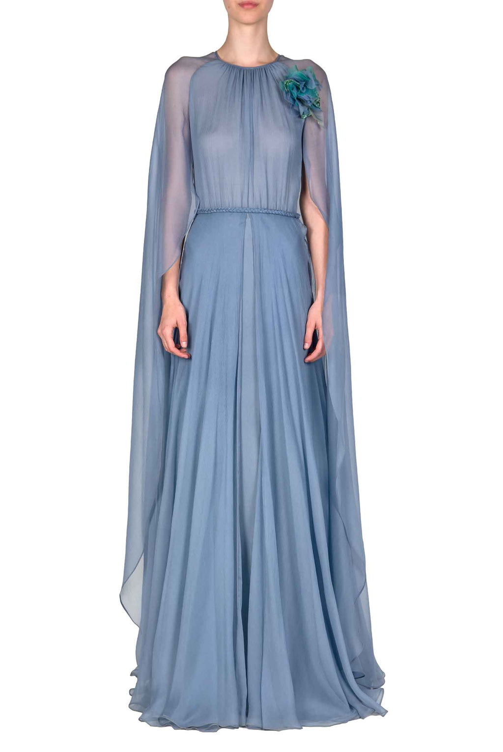 Abito maxi in chiffon creponne con mantella