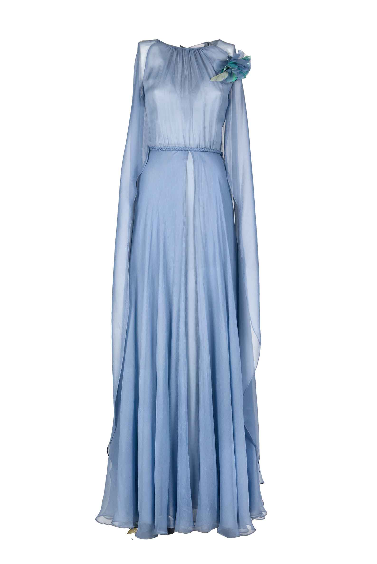 Abito maxi in chiffon creponne con mantella
