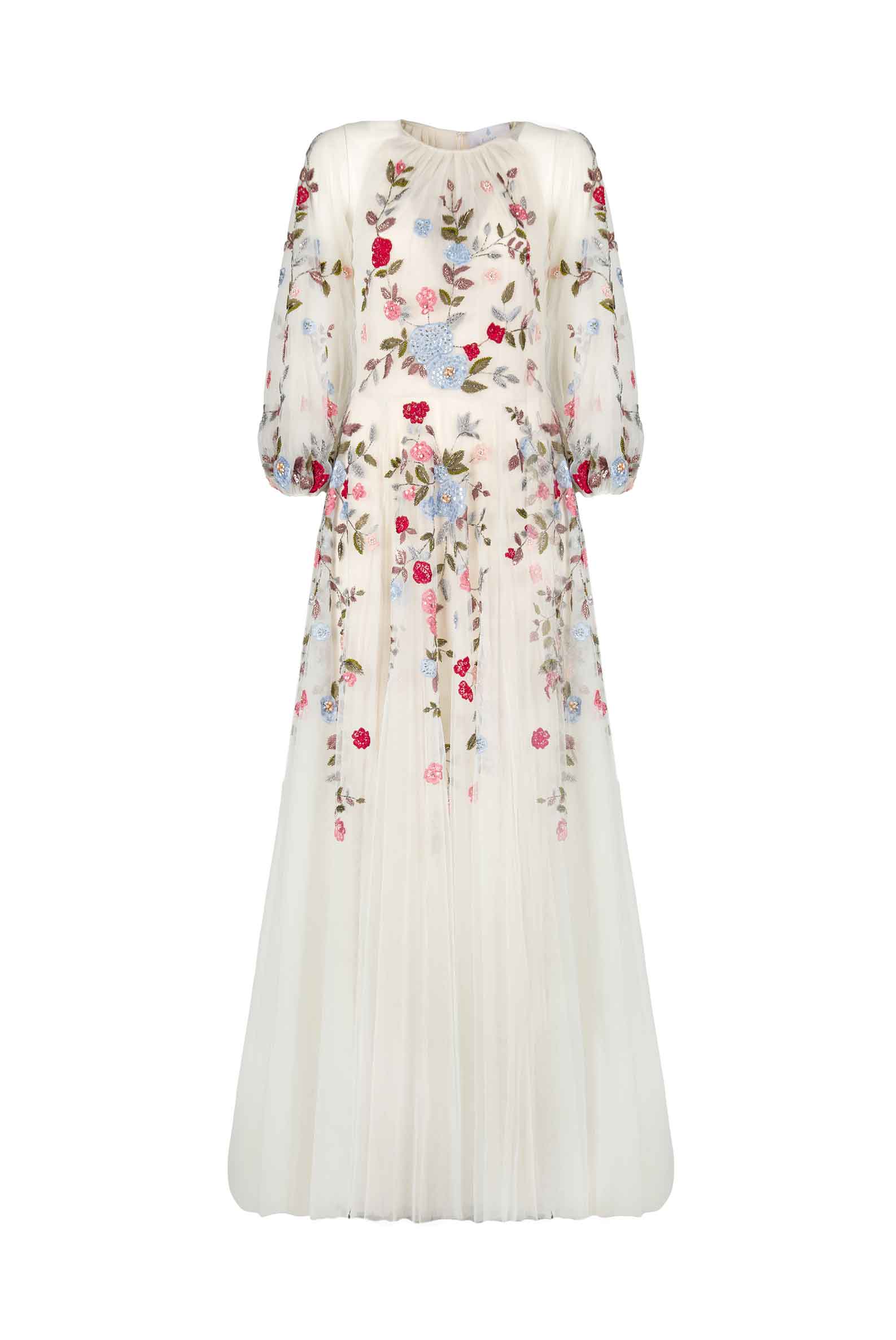 Abito maxi in tulle ricamato con fiori