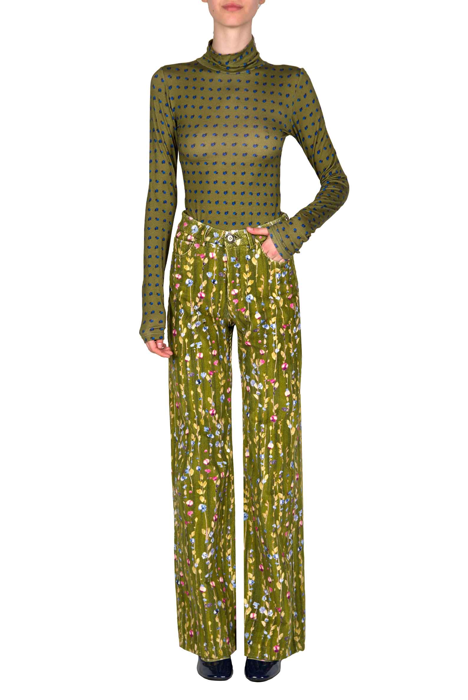Pantaloni palazzo in velluto a coste con ghirlanda di fiori