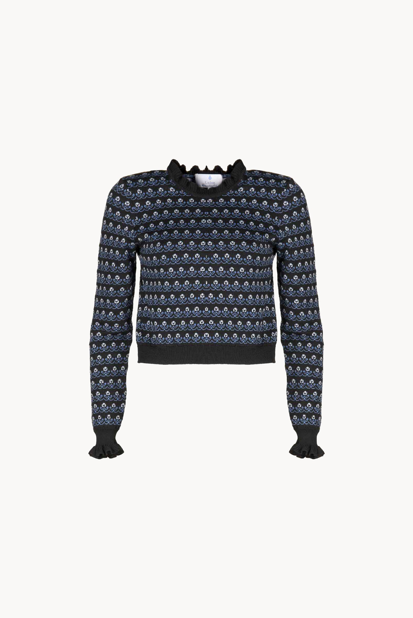 Maglione nero girocollo floreale