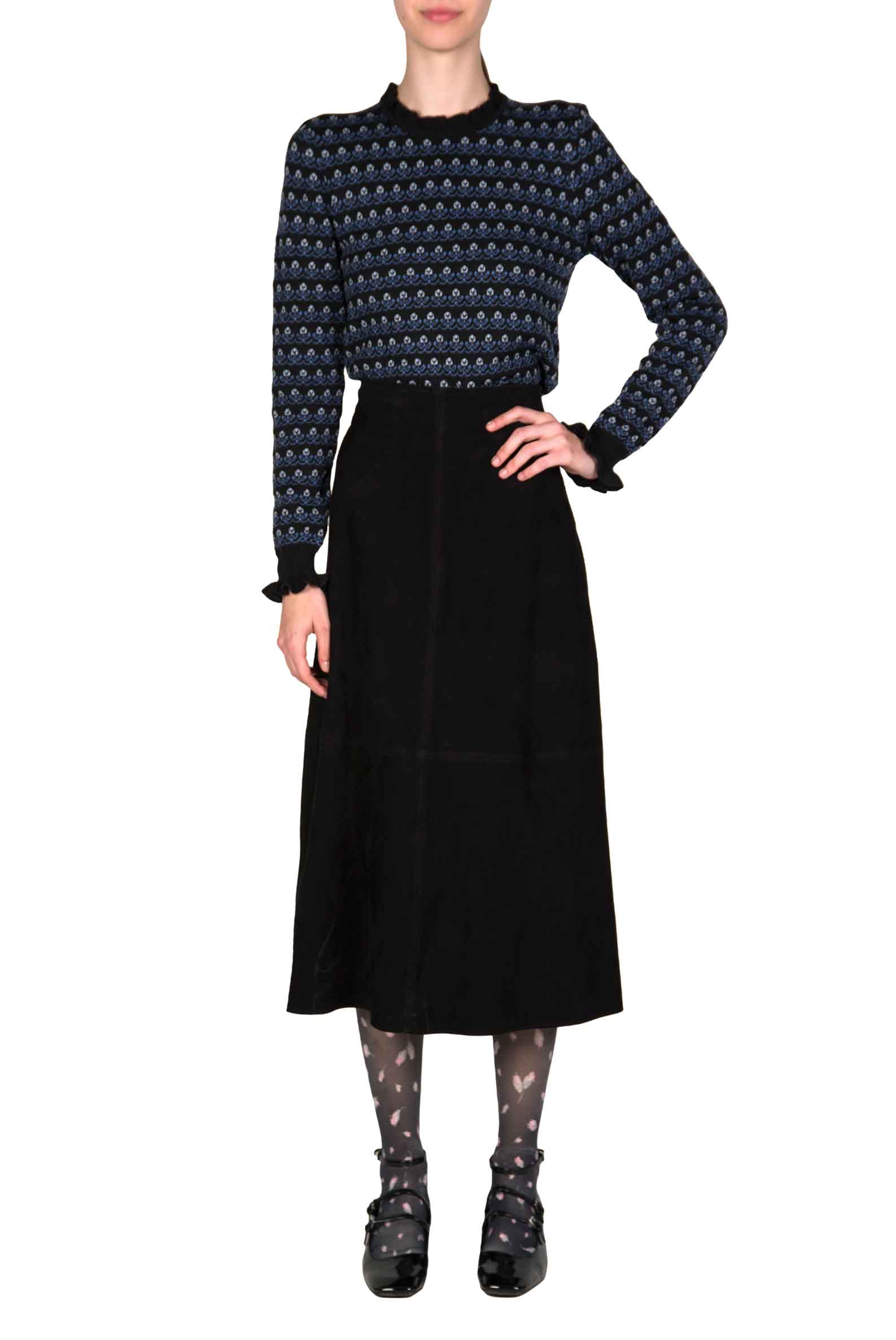Maglione nero girocollo floreale