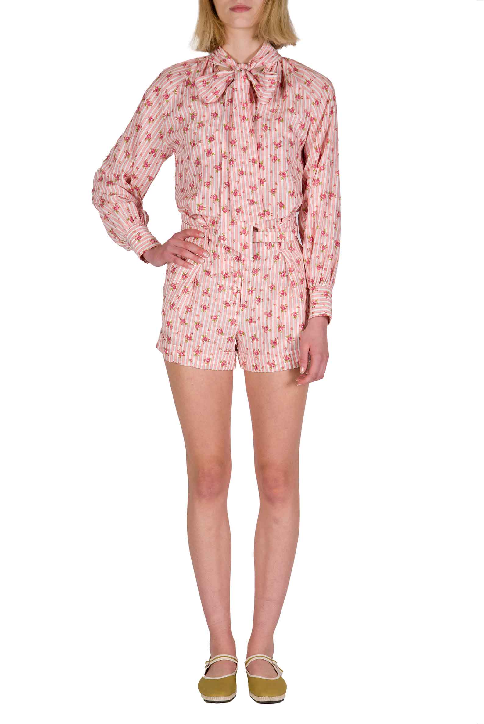 Camicia in Cotone a Righe con Rose e Fiocco