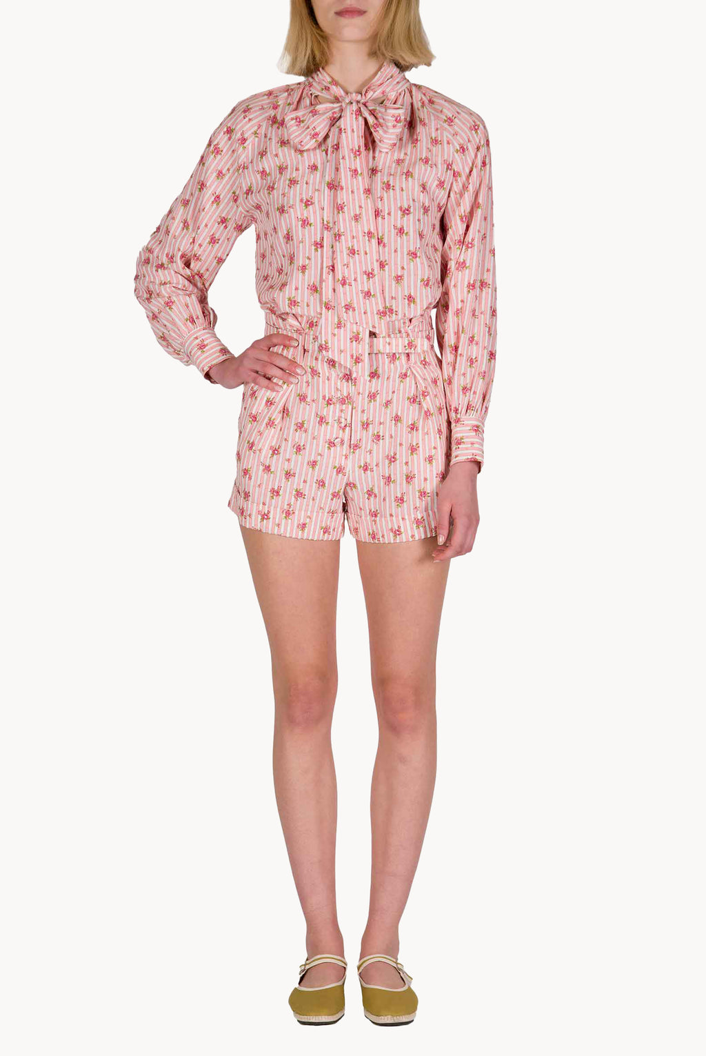 Bermuda in Cotone a Righe con Rose