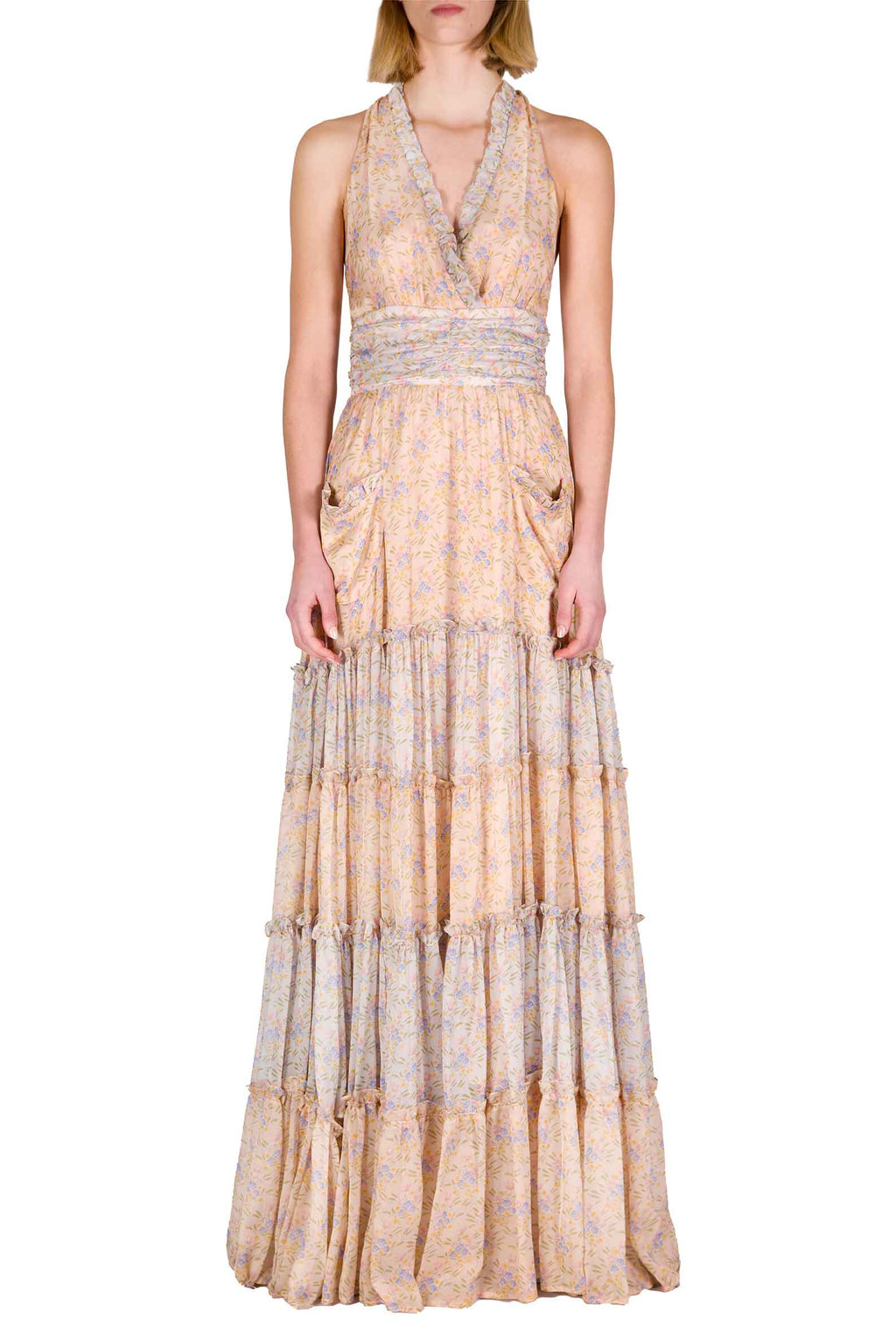 Abito Lungo in Chiffon Arricciato Blooming Mirage