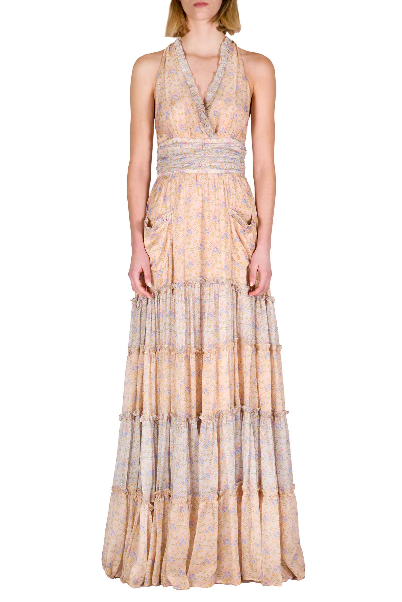 Abito Lungo in Chiffon Arricciato Blooming Mirage