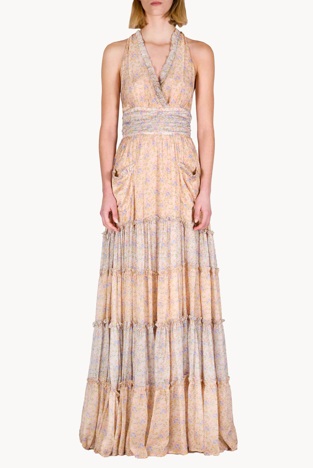 Blooming Mirage Ruched Chiffon Long Dress