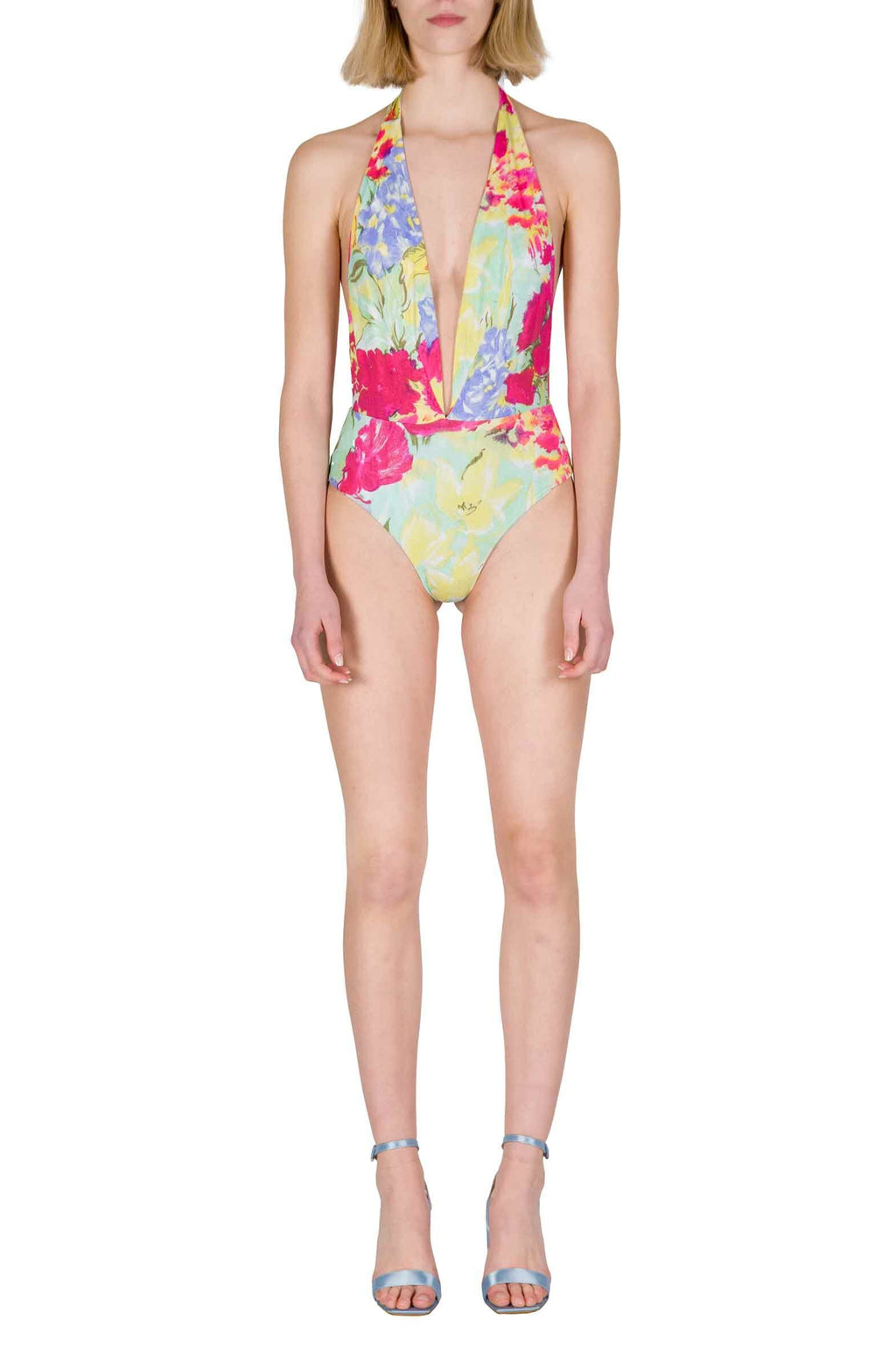 Costume Intero a V con Fiori Astratti