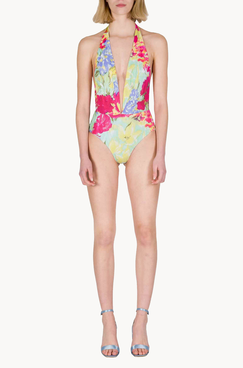 Costume Intero a V con Fiori Astratti
