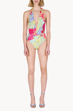Costume Intero a V con Fiori Astratti
